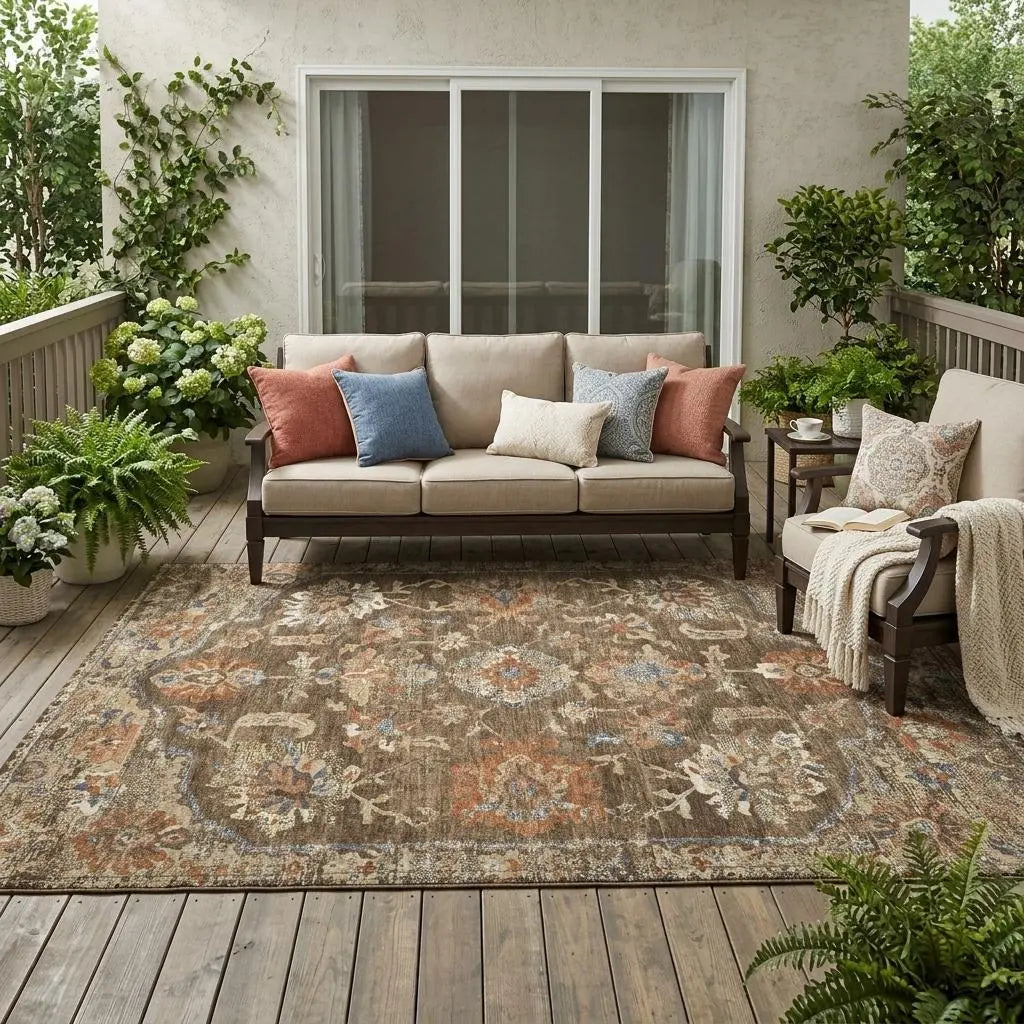 5' X 8' Chocolate And Brown Floral Medallion Washable Indoor Outdoor Area Rug Homeroots Outdoor