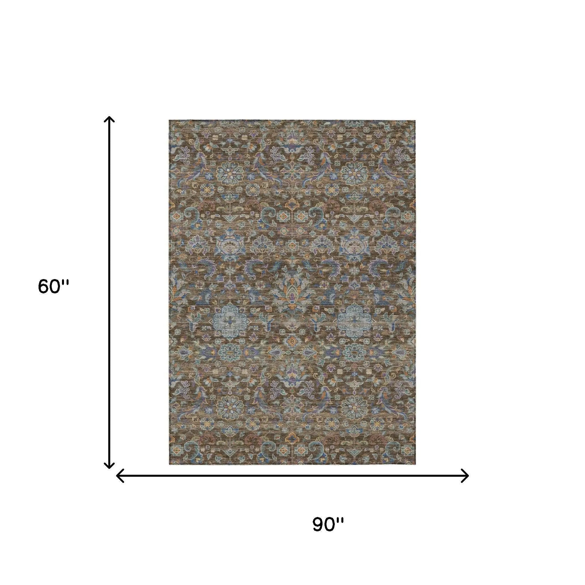 5' X 8' Chocolate And Brown Floral Medallion Washable Indoor Outdoor Area Rug Homeroots Outdoor