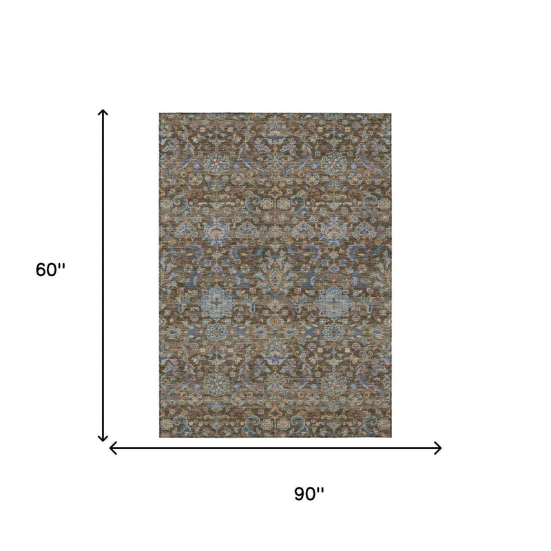 5' X 8' Chocolate And Brown Floral Medallion Washable Indoor Outdoor Area Rug Homeroots Outdoor