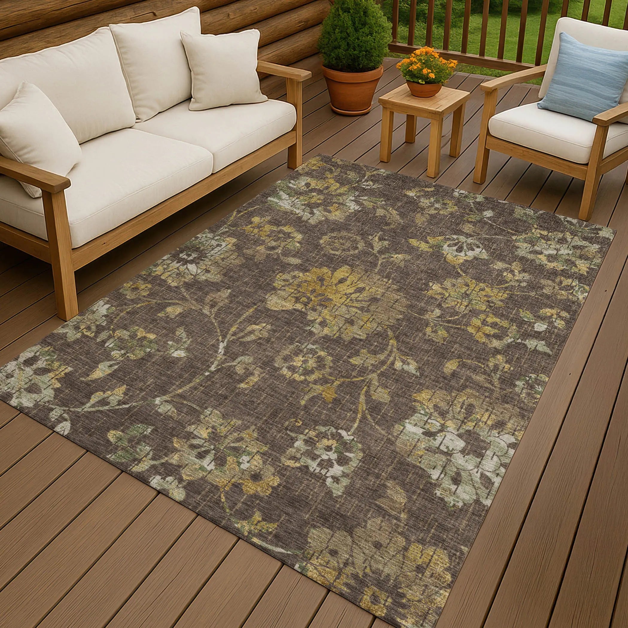 5' X 8' Chocolate And Brown Floral Washable Indoor Outdoor Area Rug Homeroots Outdoor