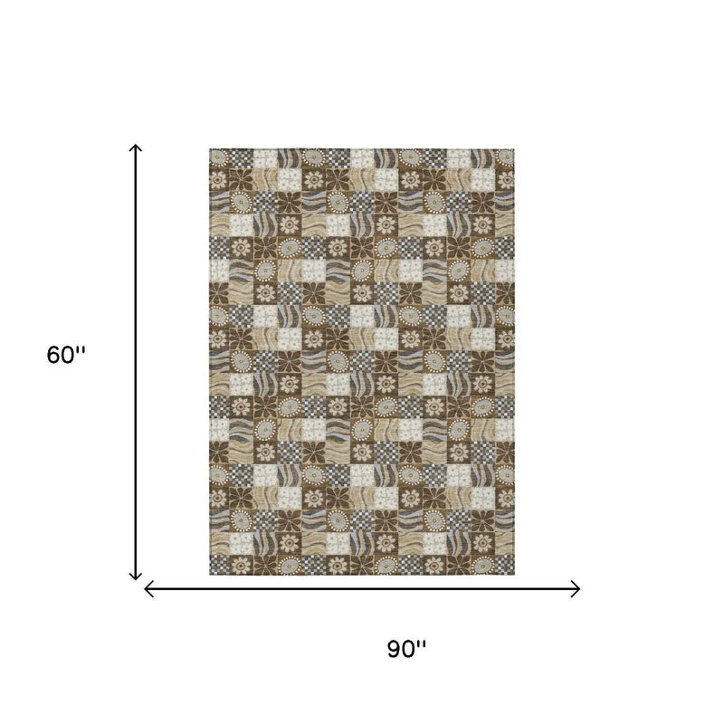 5' X 8' Chocolate And Brown Floral Washable Indoor Outdoor Area Rug Homeroots Outdoor