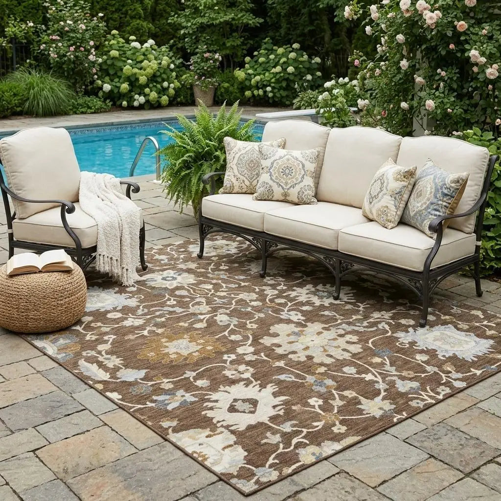 5' X 8' Chocolate And Brown Floral Washable Indoor Outdoor Area Rug Homeroots Outdoor
