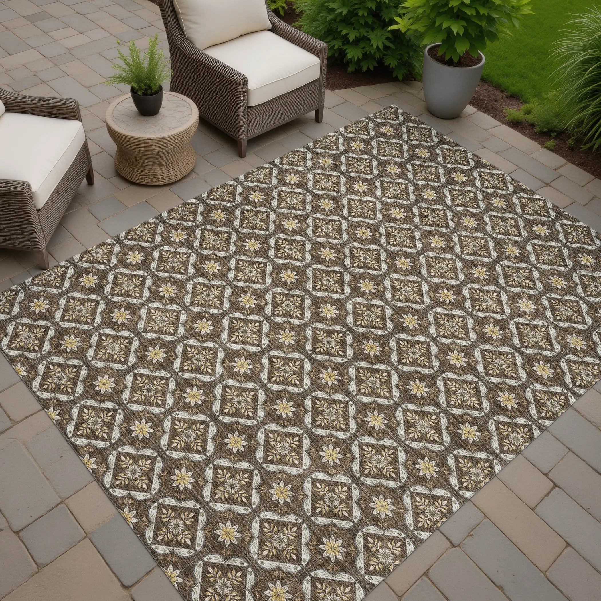 5' X 8' Chocolate And Brown Geometric Washable Indoor Outdoor Area Rug Homeroots Outdoor