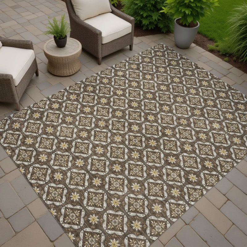 5' X 8' Chocolate And Brown Geometric Washable Indoor Outdoor Area Rug Homeroots Outdoor