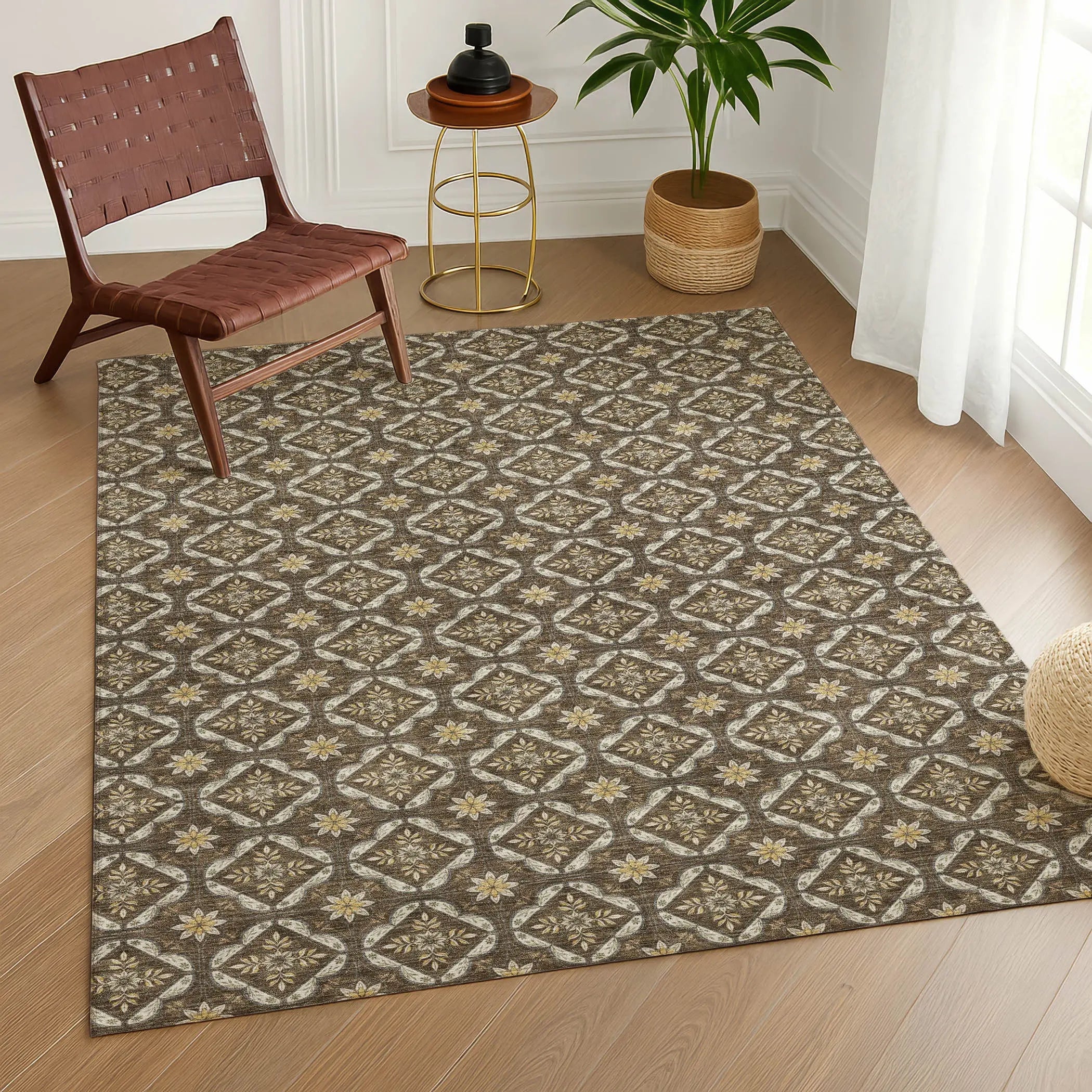 5' X 8' Chocolate And Brown Geometric Washable Indoor Outdoor Area Rug Homeroots Outdoor