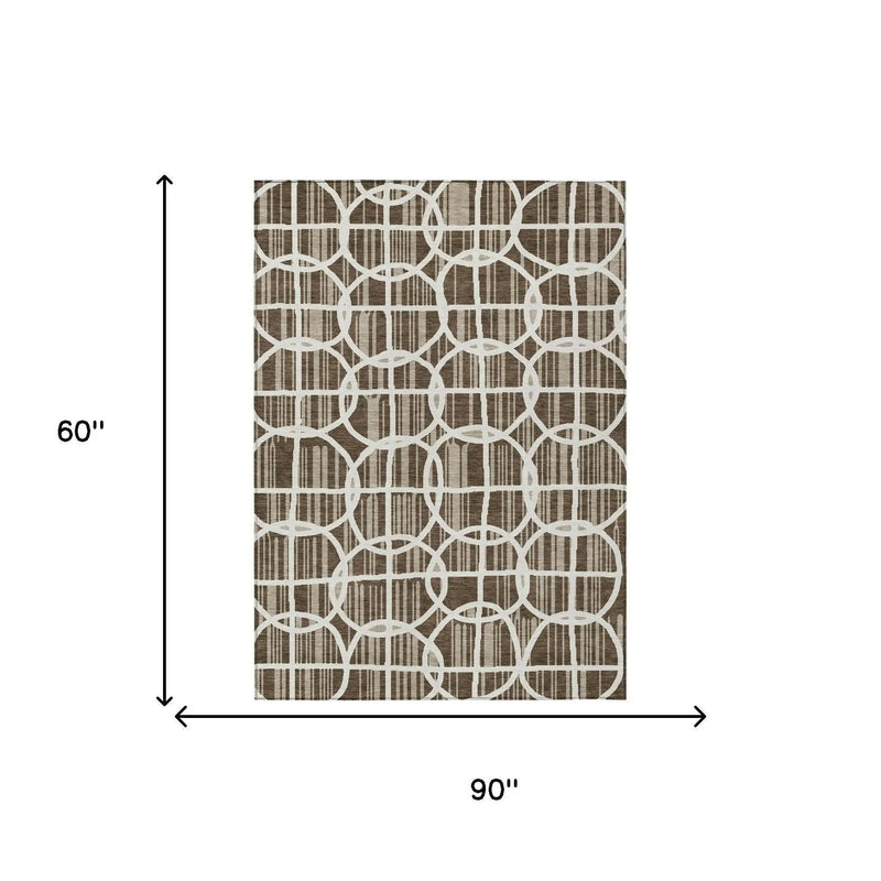 5' X 8' Chocolate And Brown Geometric Washable Indoor Outdoor Area Rug Homeroots Outdoor