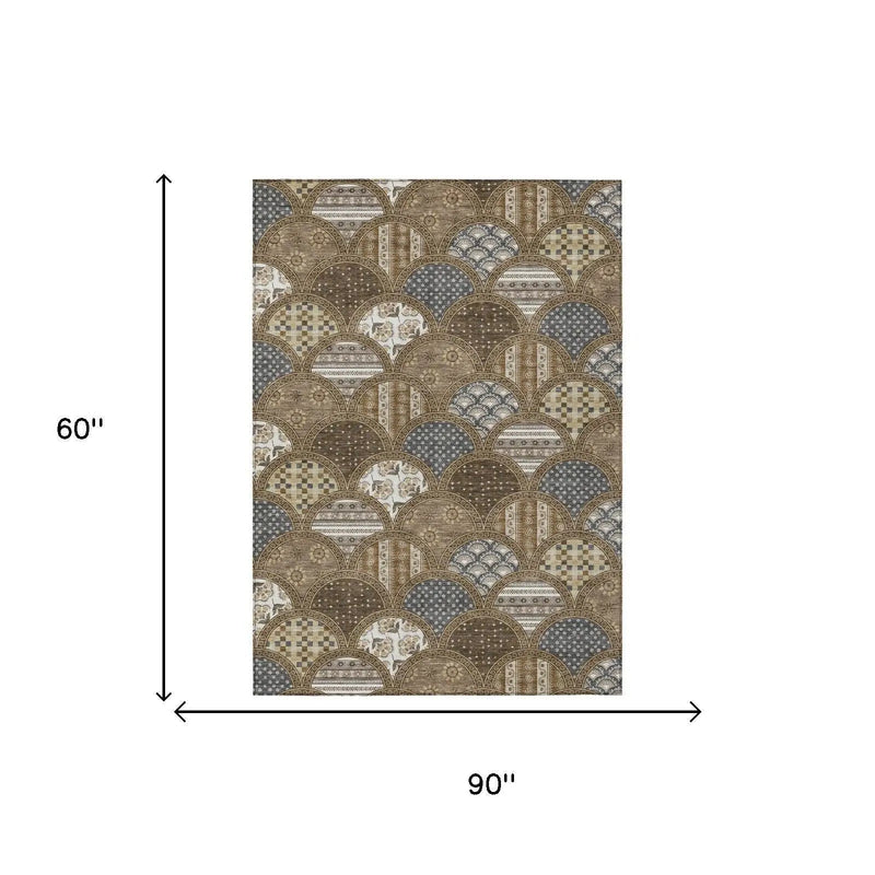 5' X 8' Chocolate And Brown Geometric Washable Indoor Outdoor Area Rug Homeroots Outdoor