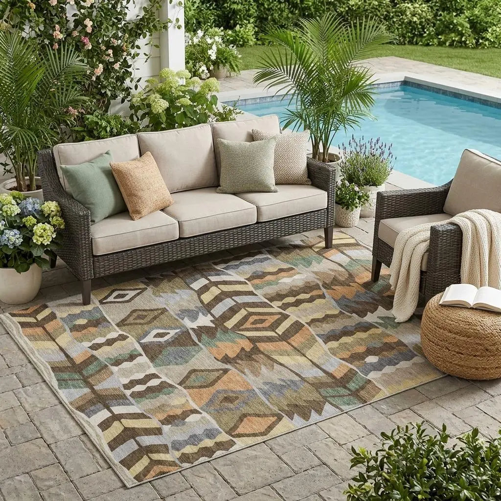 5' X 8' Chocolate And Brown Geometric Washable Indoor Outdoor Area Rug Homeroots Outdoor