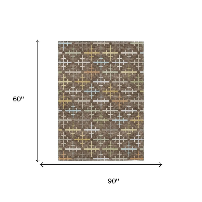 5' X 8' Chocolate And Brown Geometric Washable Indoor Outdoor Area Rug Homeroots Outdoor