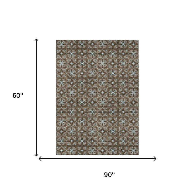 5' X 8' Chocolate And Brown Geometric Washable Indoor Outdoor Area Rug Homeroots Outdoor