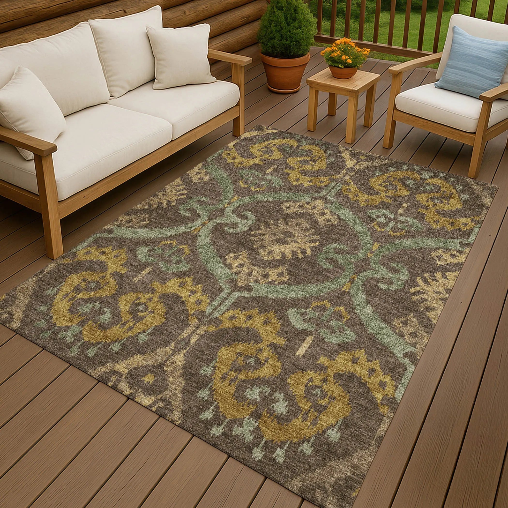 5' X 8' Chocolate And Brown Ikat Washable Indoor Outdoor Area Rug Homeroots Outdoor