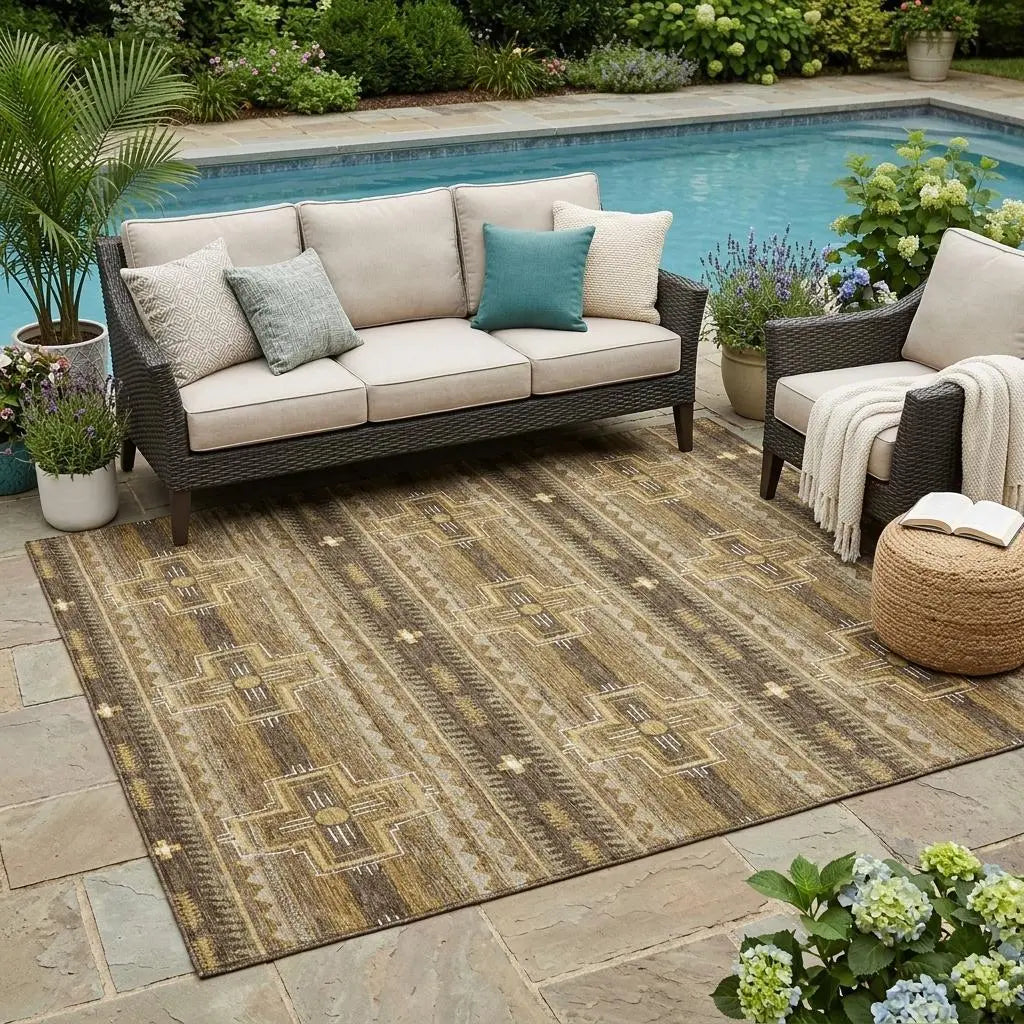 5' X 8' Chocolate And Brown Tribal Washable Indoor Outdoor Area Rug Homeroots Outdoor