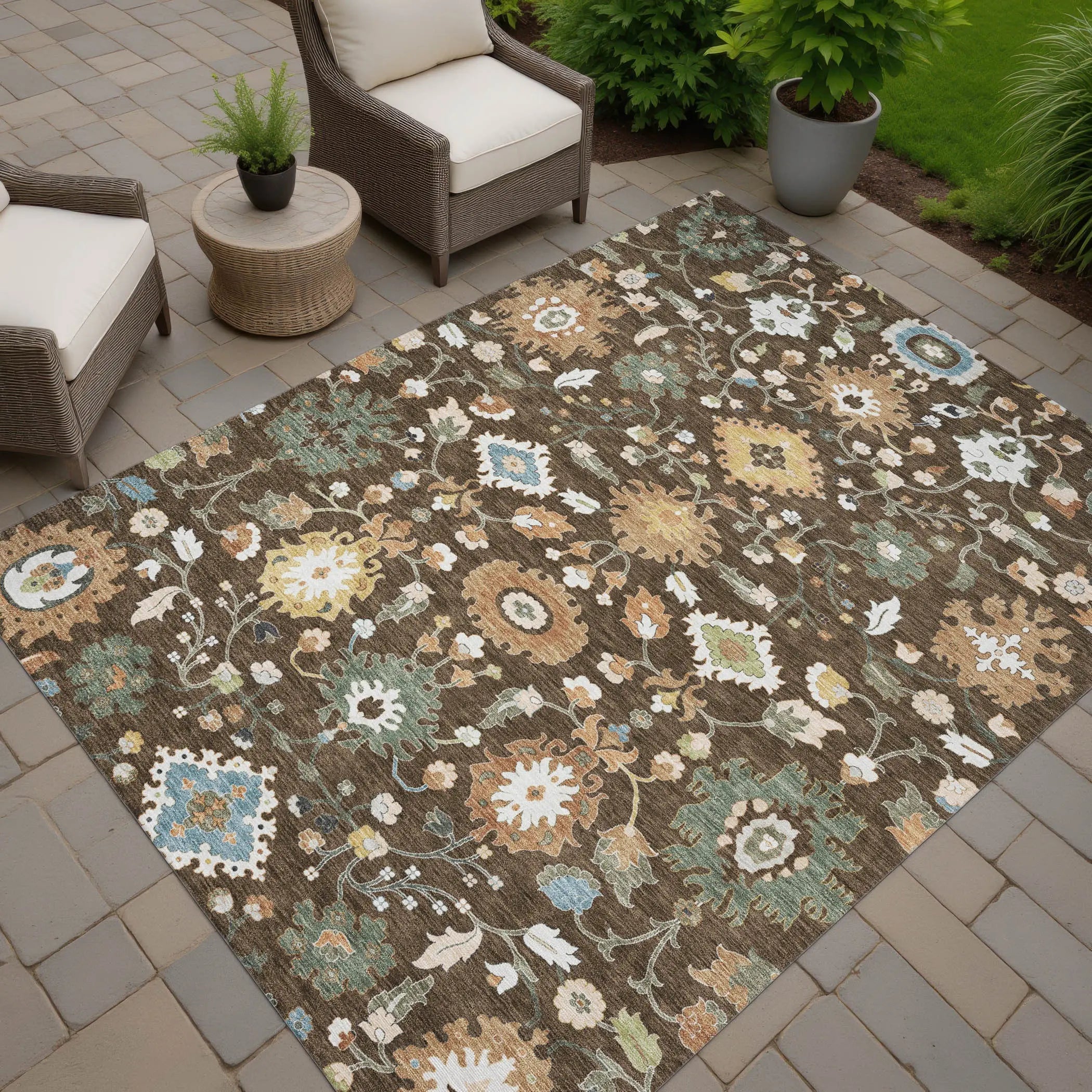 5' X 8' Chocolate And Copper Floral Medallion Washable Indoor Outdoor Area Rug Homeroots Outdoor