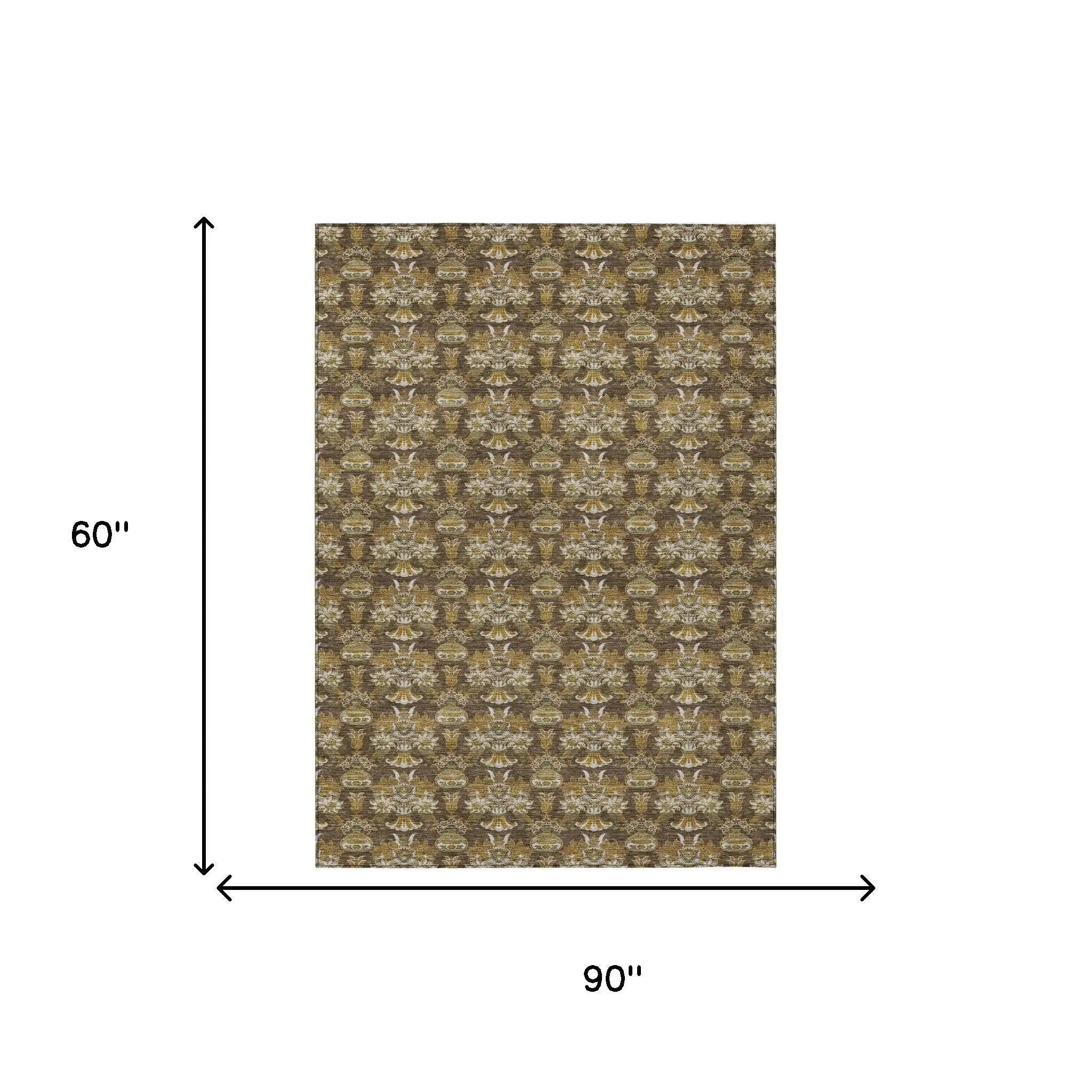 5' X 8' Chocolate And Copper Floral Washable Indoor Outdoor Area Rug Homeroots Outdoor