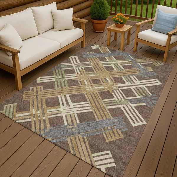 5' X 8' Chocolate And Gold Geometric Washable Indoor Outdoor Area Rug Homeroots Outdoor