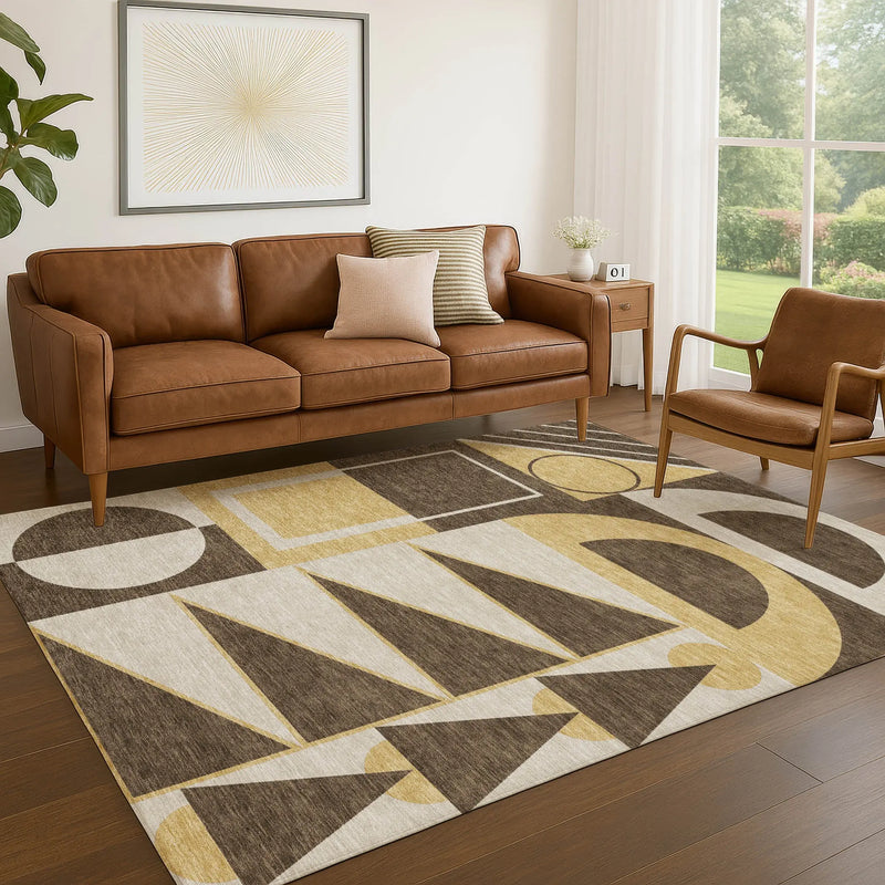 5' X 8' Chocolate And Gold Geometric Washable Indoor Outdoor Area Rug Homeroots Outdoor