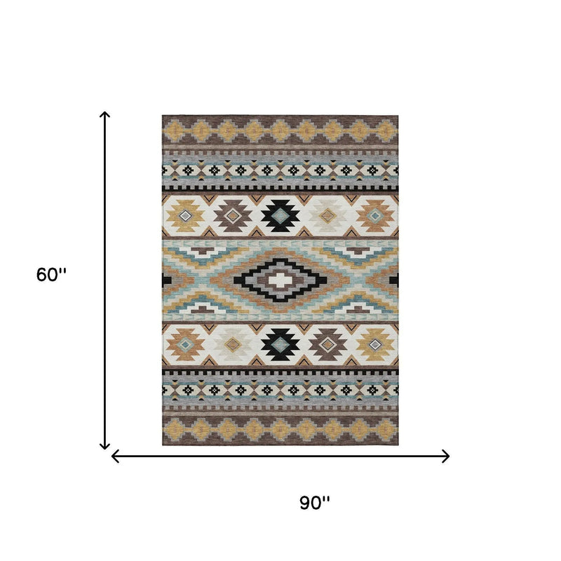 5' X 8' Chocolate And Gold Southwestern Washable Indoor Outdoor Area Rug Homeroots Outdoor