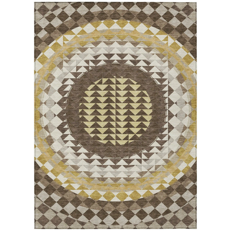 5' X 8' Chocolate And Green Geometric Washable Indoor Outdoor Area Rug Homeroots Outdoor