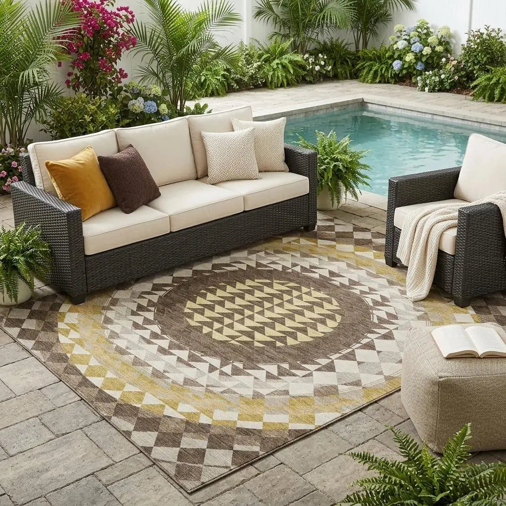 5' X 8' Chocolate And Green Geometric Washable Indoor Outdoor Area Rug Homeroots Outdoor