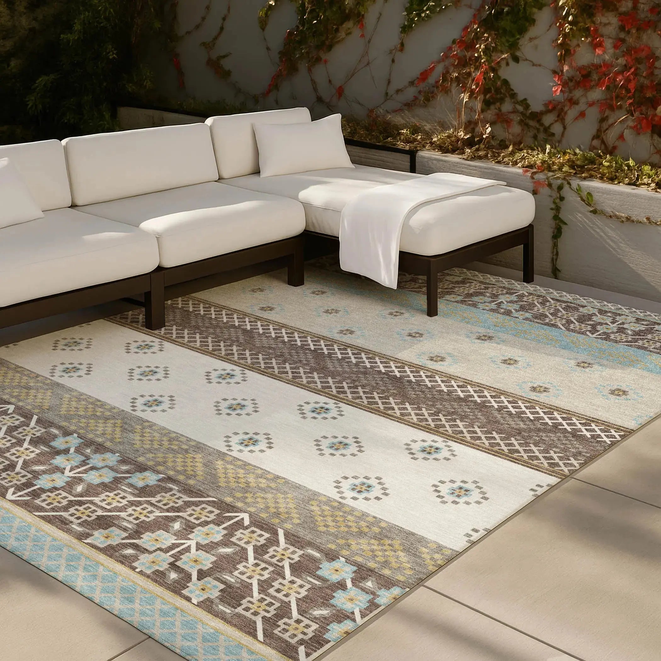 5' X 8' Chocolate And Green Striped Washable Indoor Outdoor Area Rug Homeroots Outdoor