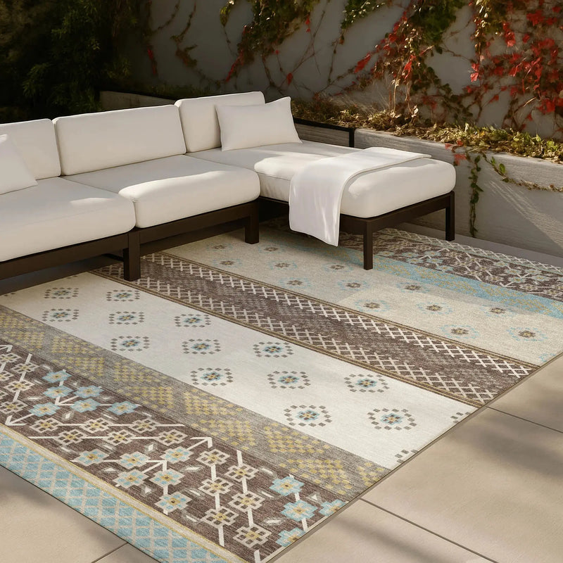 5' X 8' Chocolate And Green Striped Washable Indoor Outdoor Area Rug Homeroots Outdoor