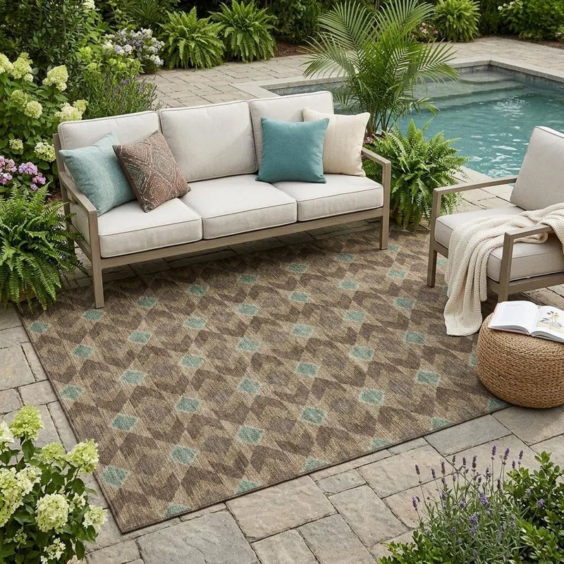 5' X 8' Chocolate And Navy Blue Geometric Washable Indoor Outdoor Area Rug Homeroots Outdoor