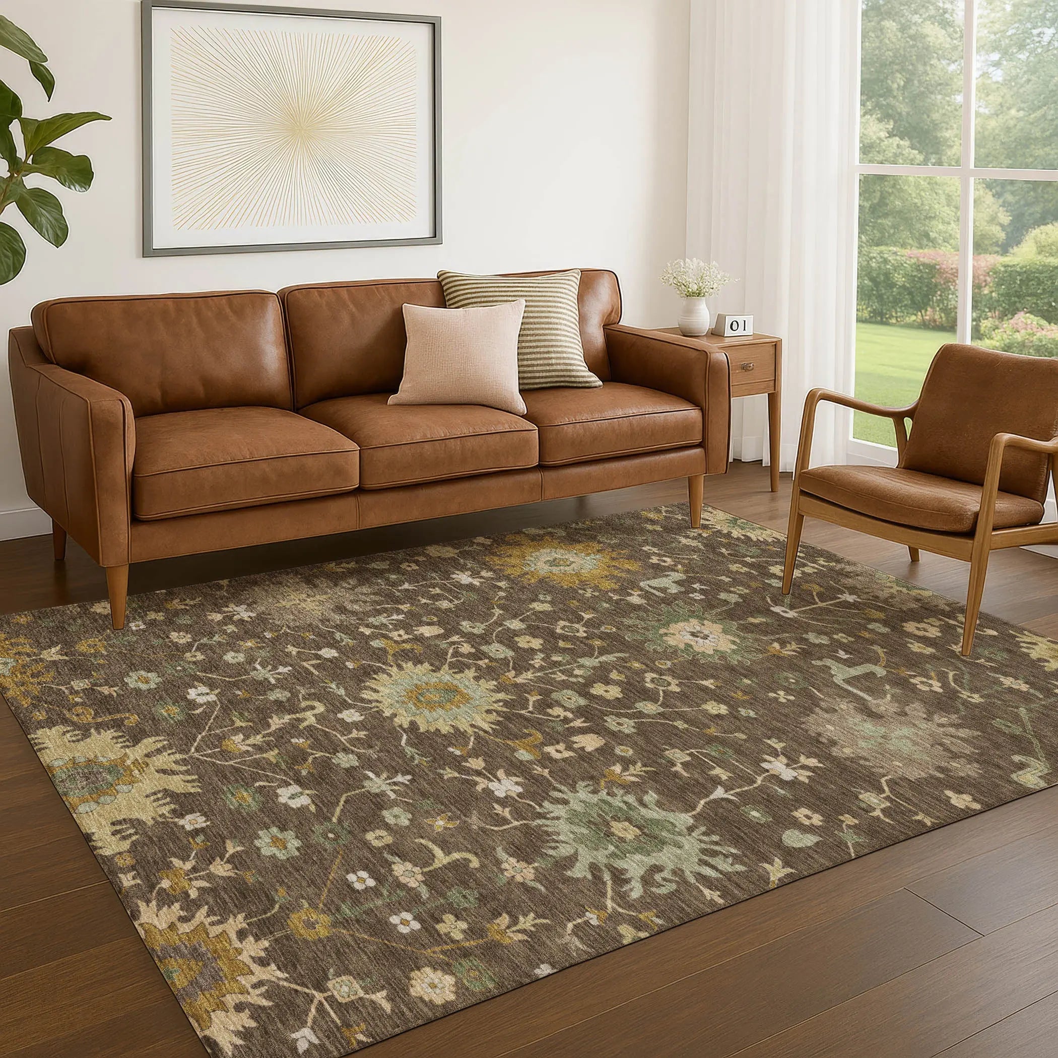 5' X 8' Chocolate And Olive Green Faux Bois Washable Indoor Outdoor Area Rug Homeroots Outdoor