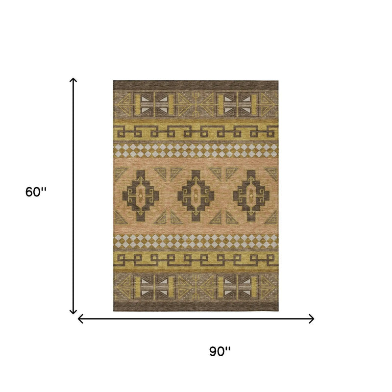 5' X 8' Chocolate And Olive Green Tribal Washable Indoor Outdoor Area Rug Homeroots Outdoor
