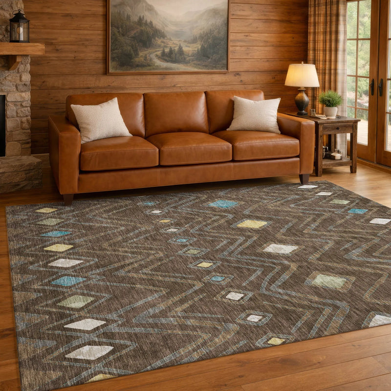 5' X 8' Chocolate And Orange Geometric Washable Indoor Outdoor Area Rug Homeroots Outdoor