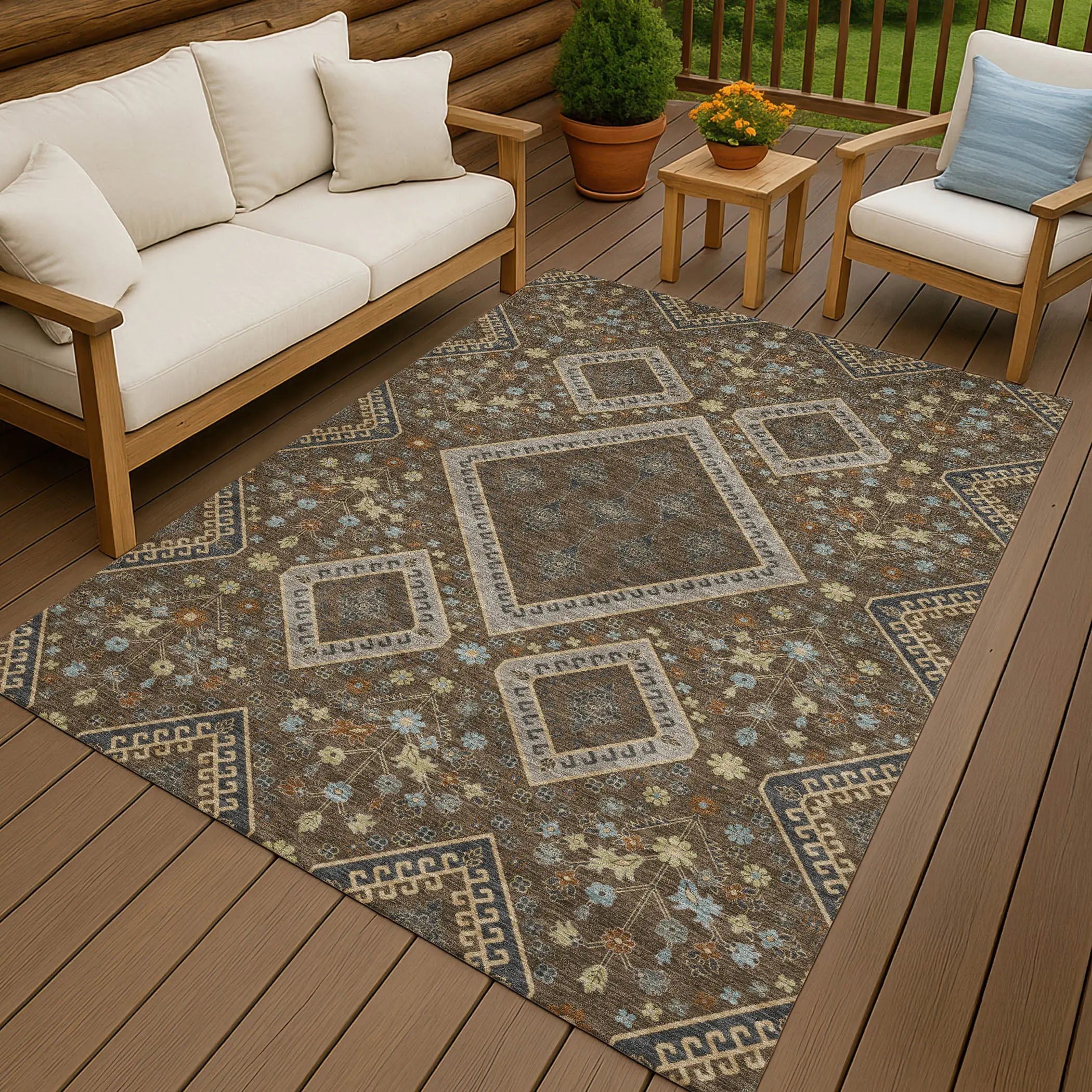 5' X 8' Chocolate And Orange Medallion Washable Indoor Outdoor Area Rug Homeroots Outdoor
