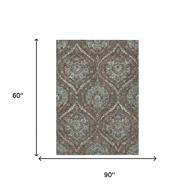 5' X 8' Chocolate And Silver Floral Washable Indoor Outdoor Area Rug Homeroots Outdoor