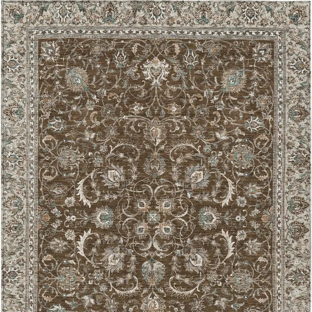 5' X 8' Chocolate And Taupe Botanical Leaves Washable Indoor Outdoor Area Rug Homeroots Outdoor