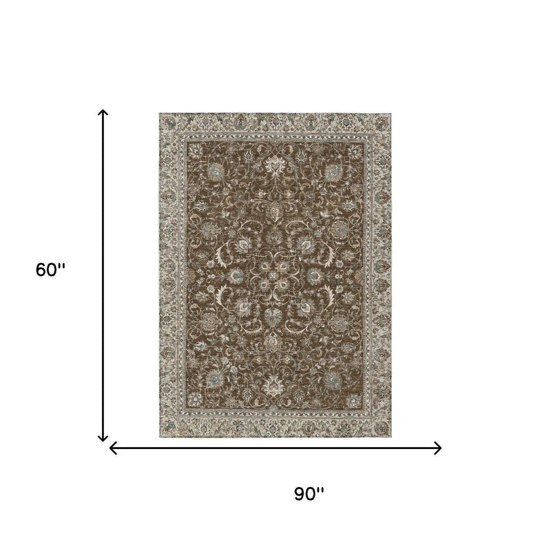 5' X 8' Chocolate And Taupe Botanical Leaves Washable Indoor Outdoor Area Rug Homeroots Outdoor