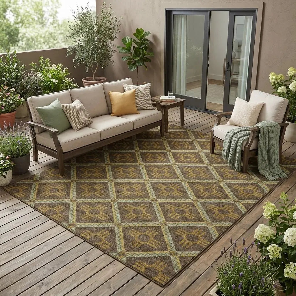 5' X 8' Chocolate And Taupe Geometric Washable Indoor Outdoor Area Rug Homeroots Outdoor