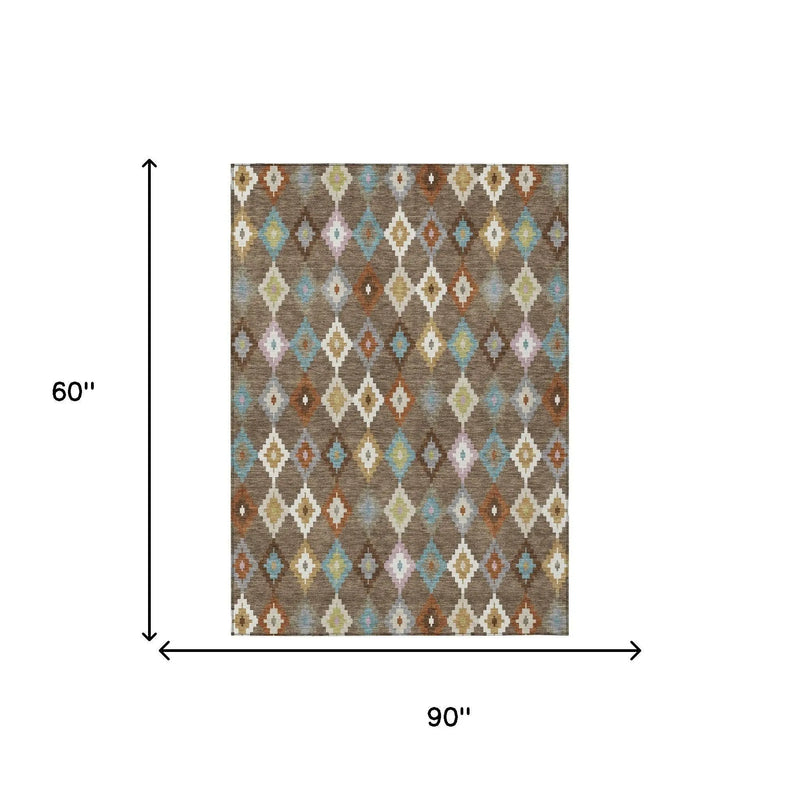 5' X 8' Chocolate And Teal Blue Aztec Washable Indoor Outdoor Area Rug Homeroots Outdoor