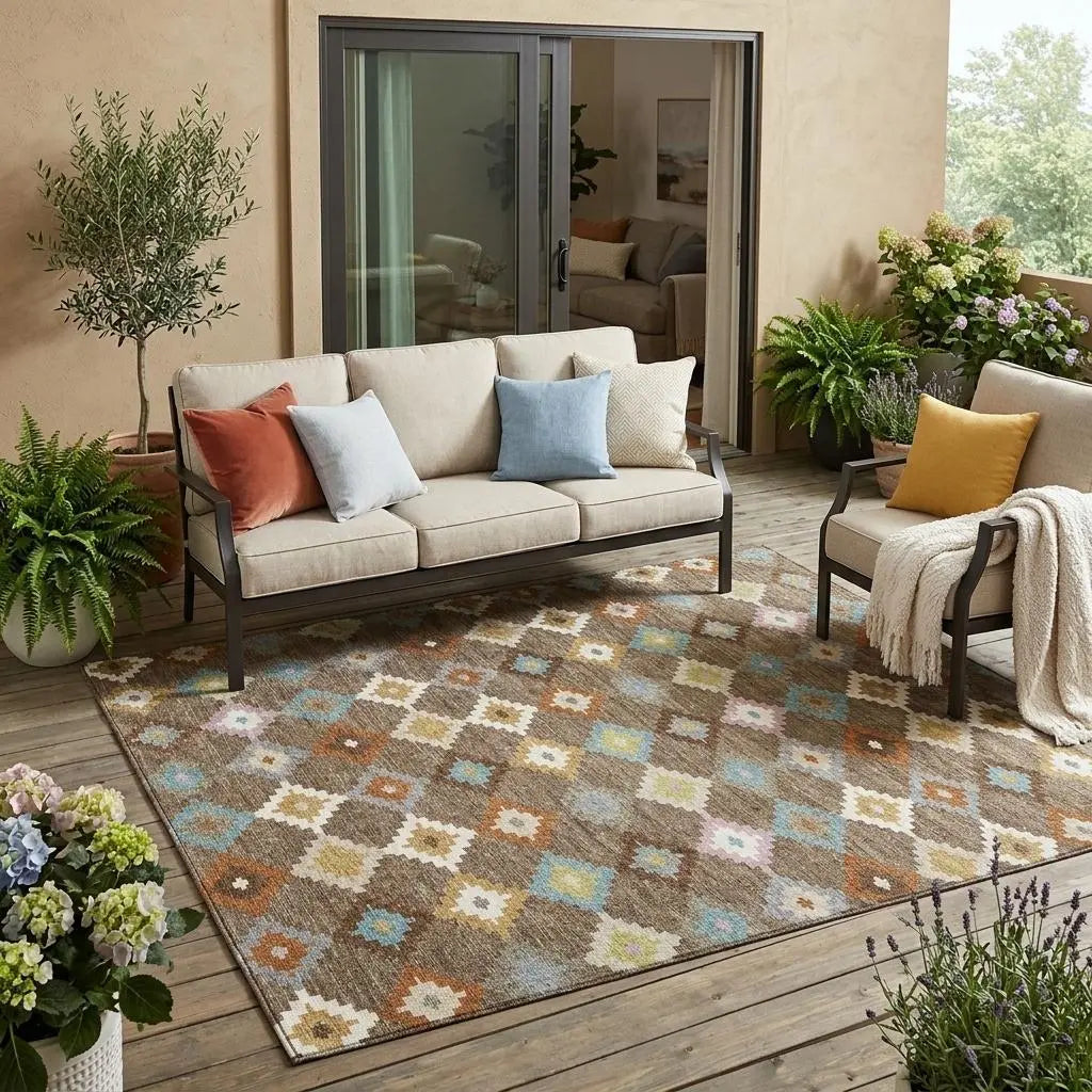 5' X 8' Chocolate And Teal Blue Aztec Washable Indoor Outdoor Area Rug Homeroots Outdoor
