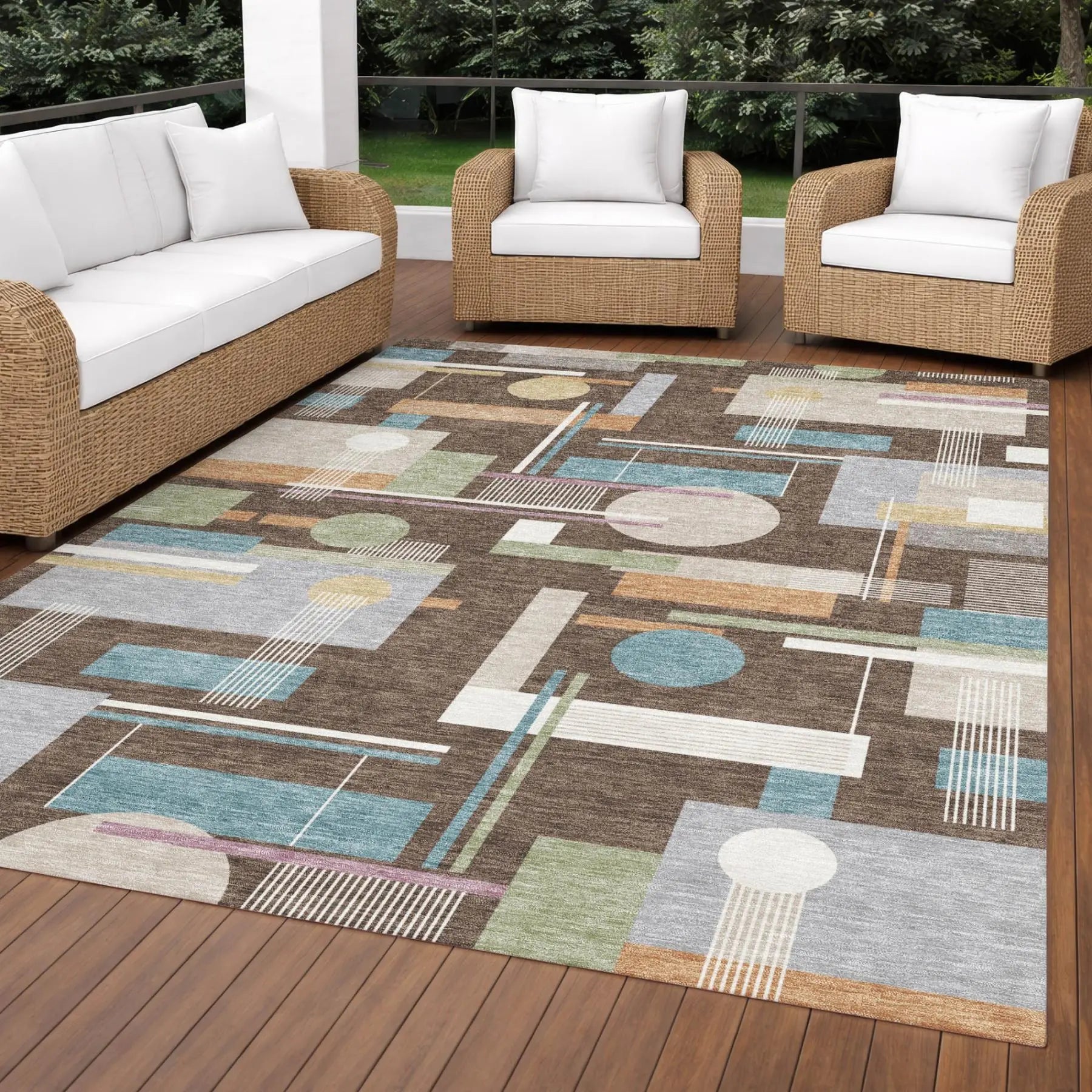5' X 8' Coffee And Brown Geometric Washable Indoor Outdoor Area Rug Homeroots Outdoor