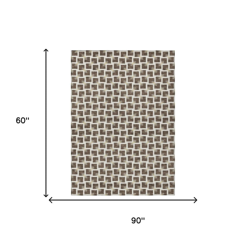 5' X 8' Coffee And Ivory Geometric Washable Indoor Outdoor Area Rug Homeroots Outdoor
