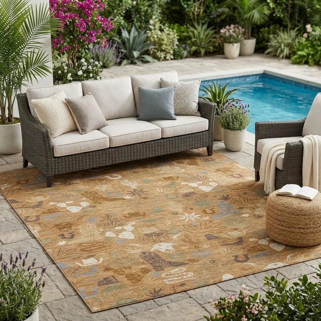5' X 8' Copper And Beige Cactus Washable Indoor Outdoor Area Rug Homeroots Outdoor