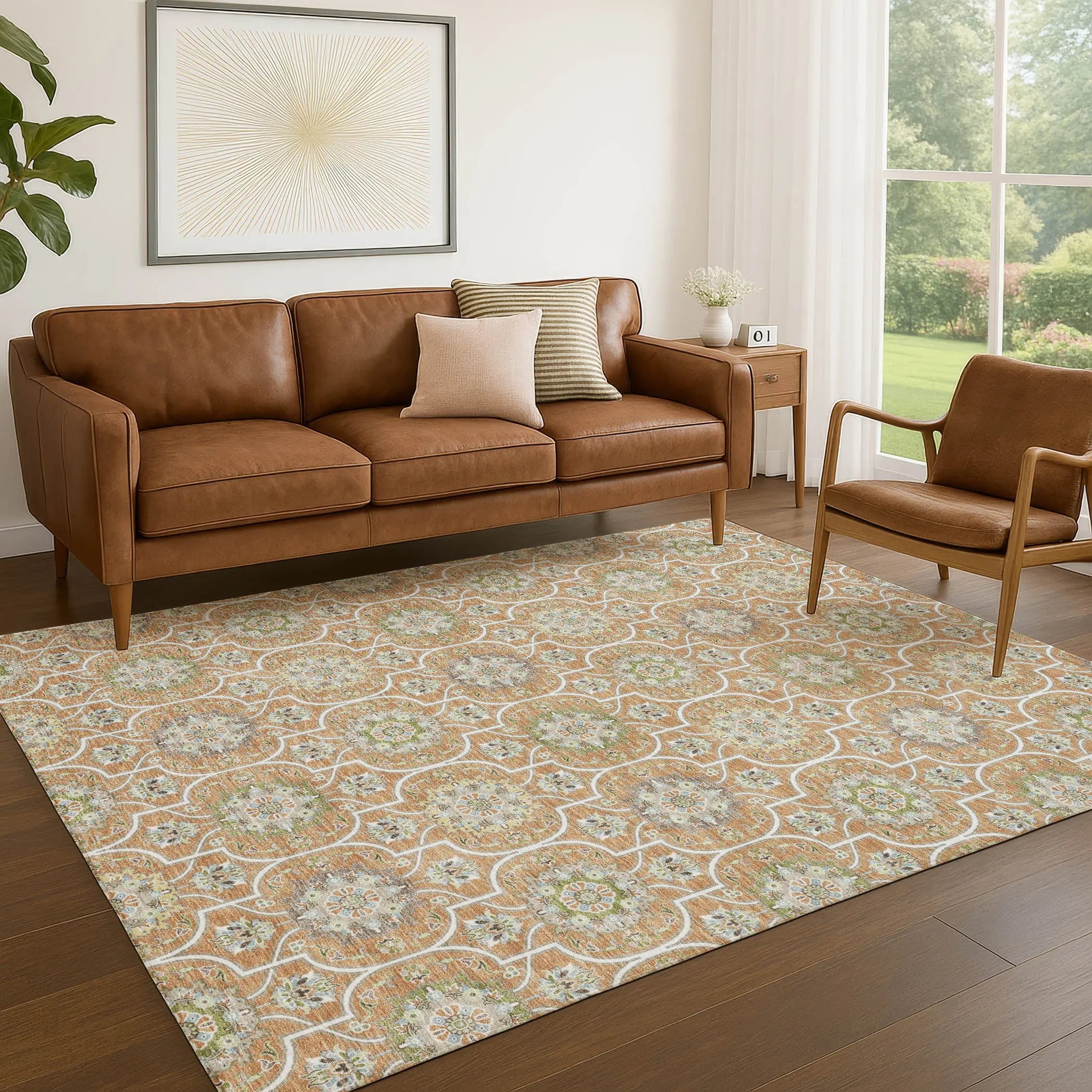 5' X 8' Copper And Beige Floral Medallion Washable Indoor Outdoor Area Rug Homeroots Outdoor