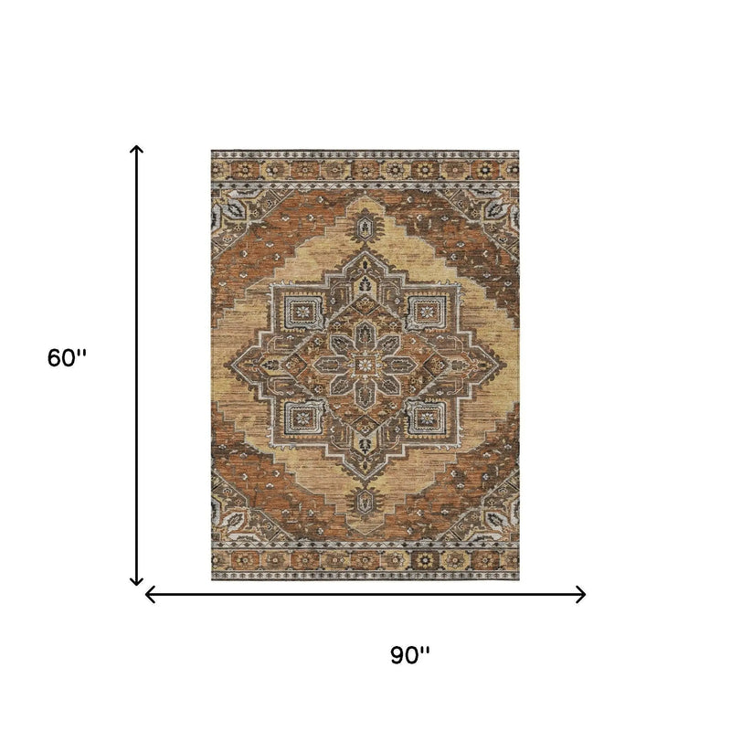 5' X 8' Copper And Beige Oriental Washable Indoor Outdoor Area Rug Homeroots Outdoor