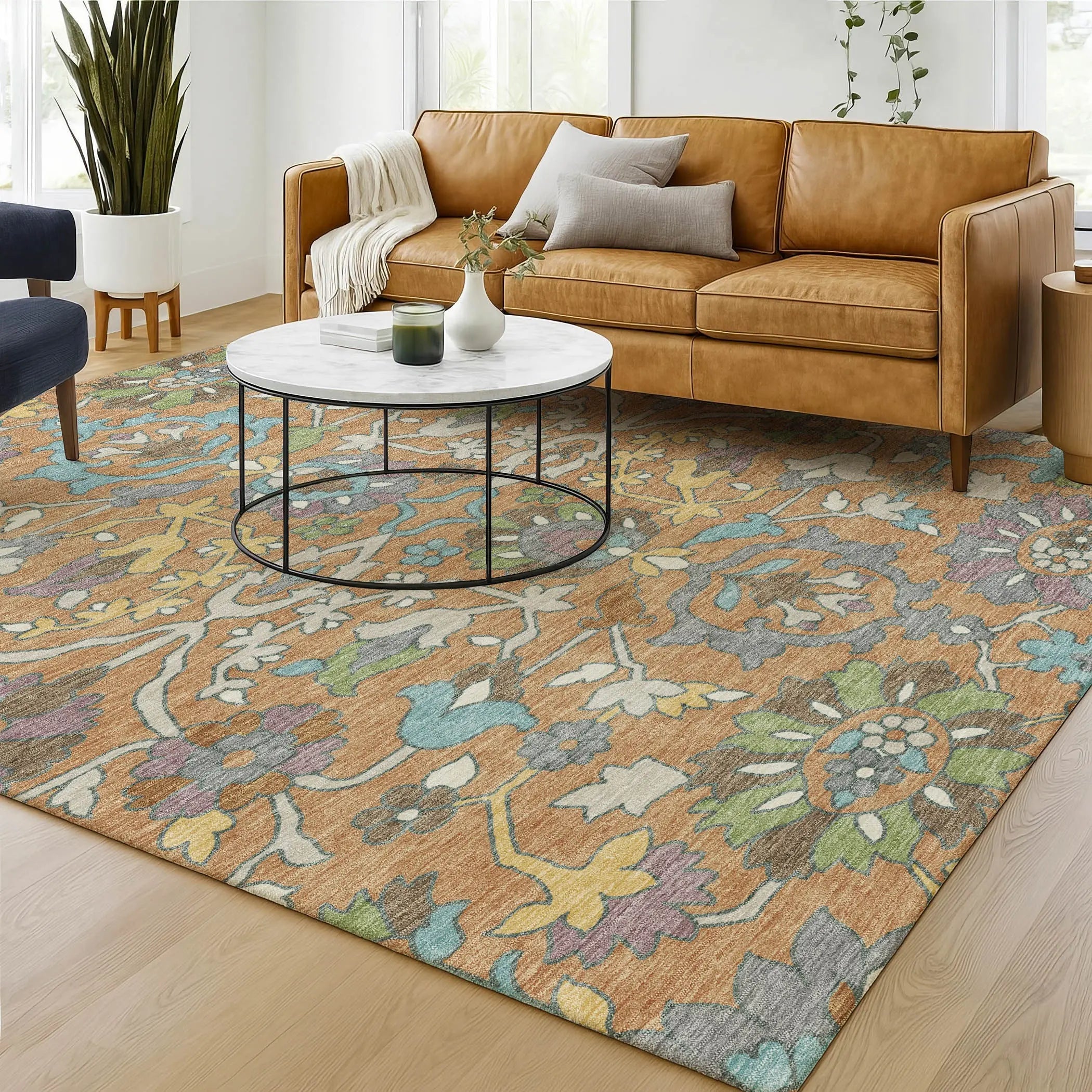 5' X 8' Copper And Blue Floral Washable Indoor Outdoor Area Rug Homeroots Outdoor