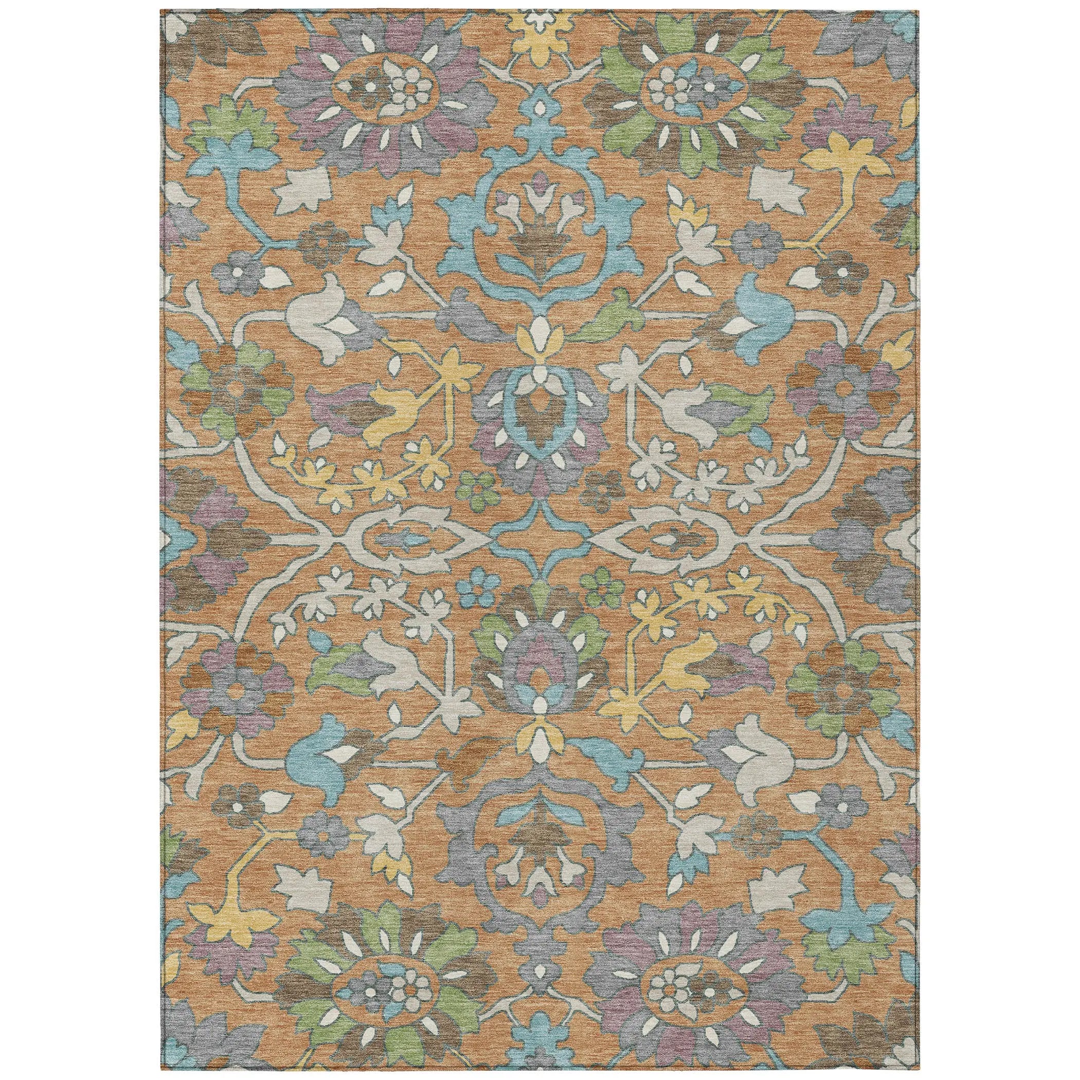 5' X 8' Copper And Blue Floral Washable Indoor Outdoor Area Rug Homeroots Outdoor