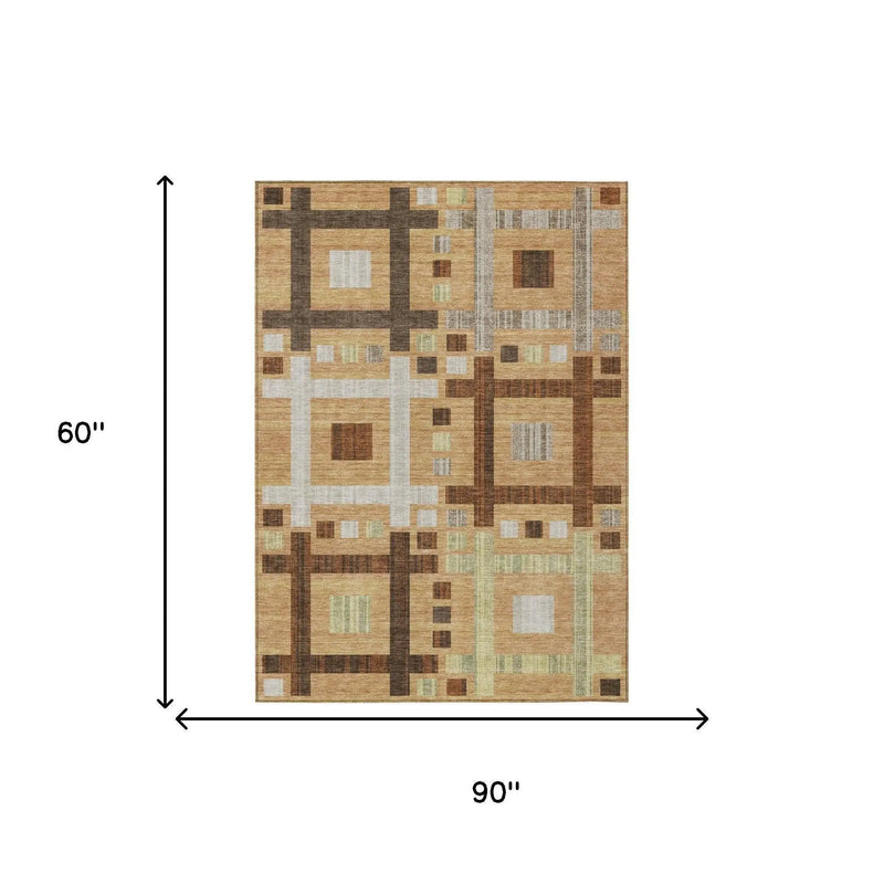 5' X 8' Copper And Brown Geometric Washable Indoor Outdoor Area Rug Homeroots Outdoor