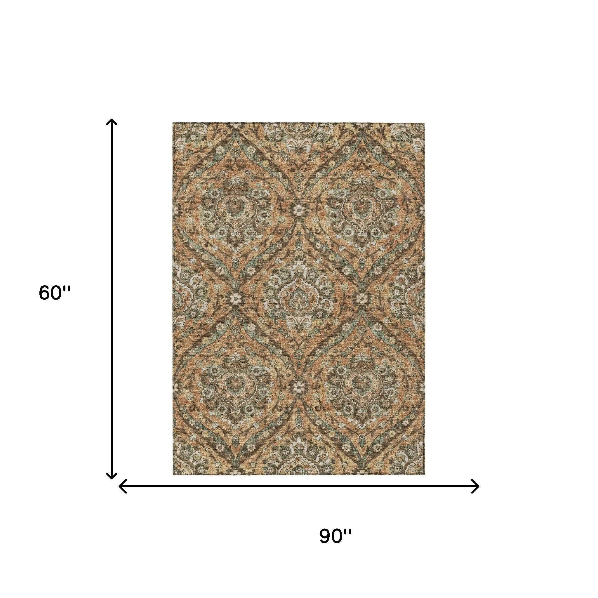 5' X 8' Copper And Gold Floral Washable Indoor Outdoor Area Rug Homeroots Outdoor
