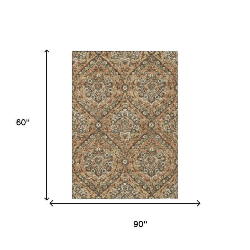 5' X 8' Copper And Gold Floral Washable Indoor Outdoor Area Rug Homeroots Outdoor