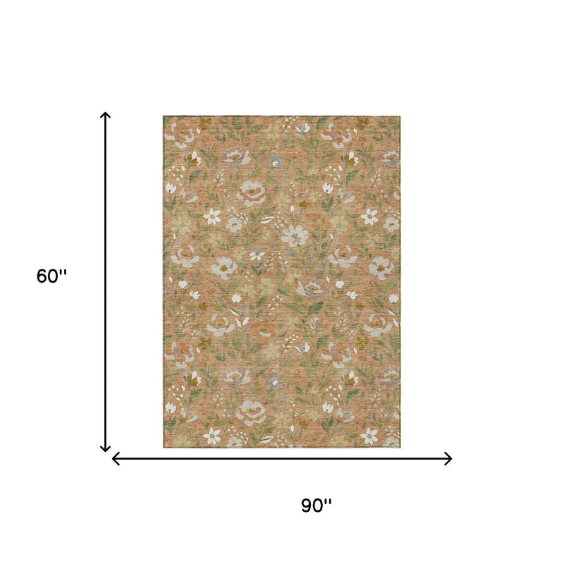 5' X 8' Copper And Green Floral Washable Indoor Outdoor Area Rug Homeroots Outdoor