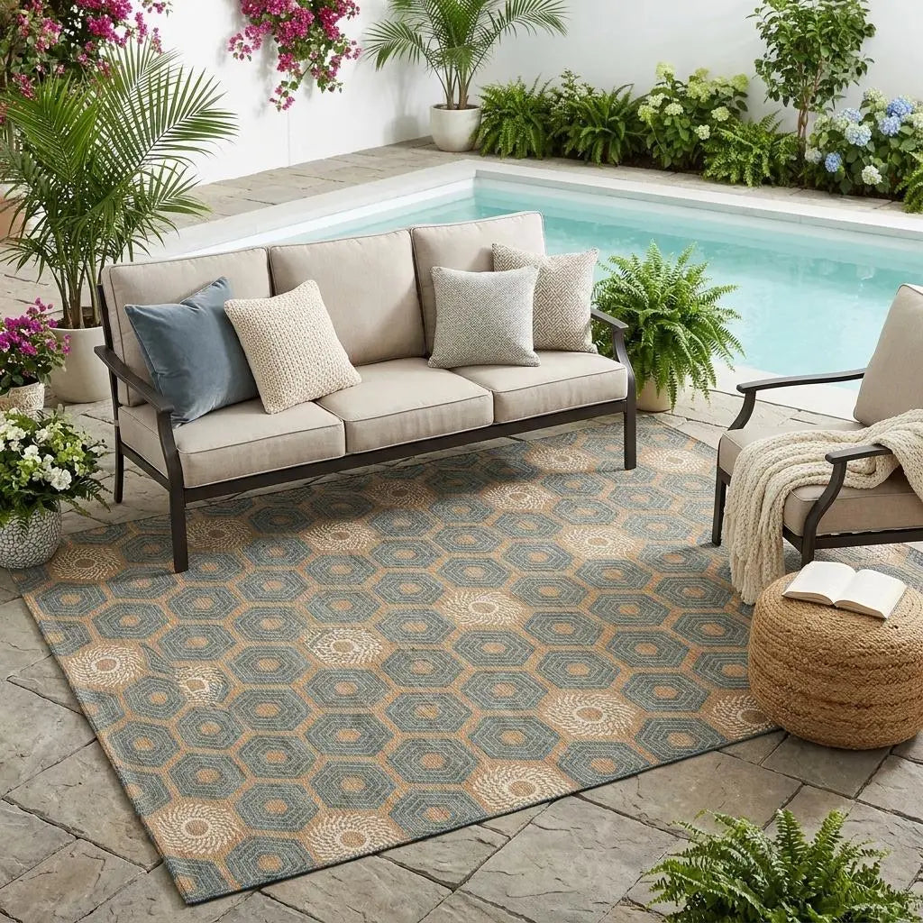 5' X 8' Copper And Green Geometric Washable Indoor Outdoor Area Rug Homeroots Outdoor