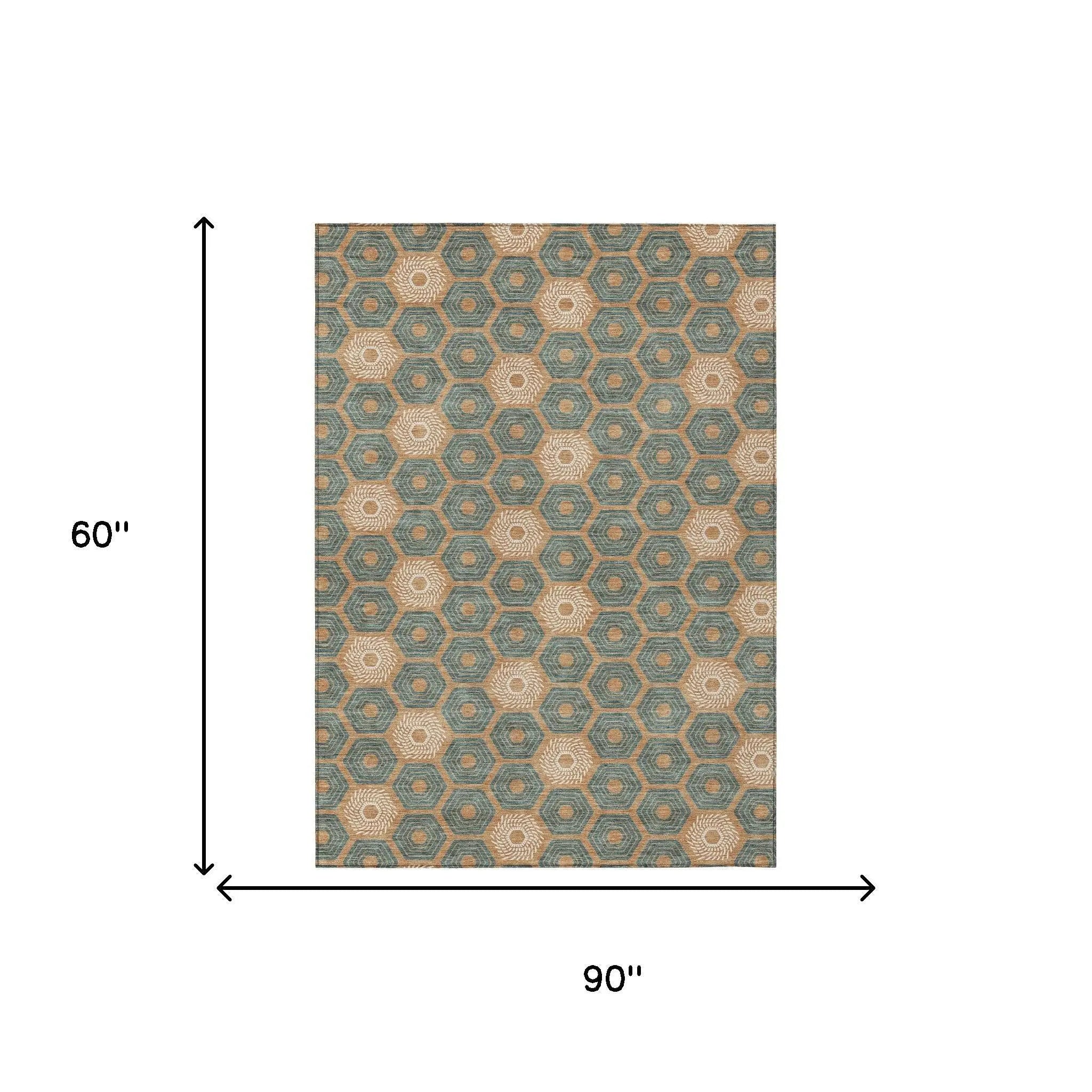 5' X 8' Copper And Green Geometric Washable Indoor Outdoor Area Rug Homeroots Outdoor