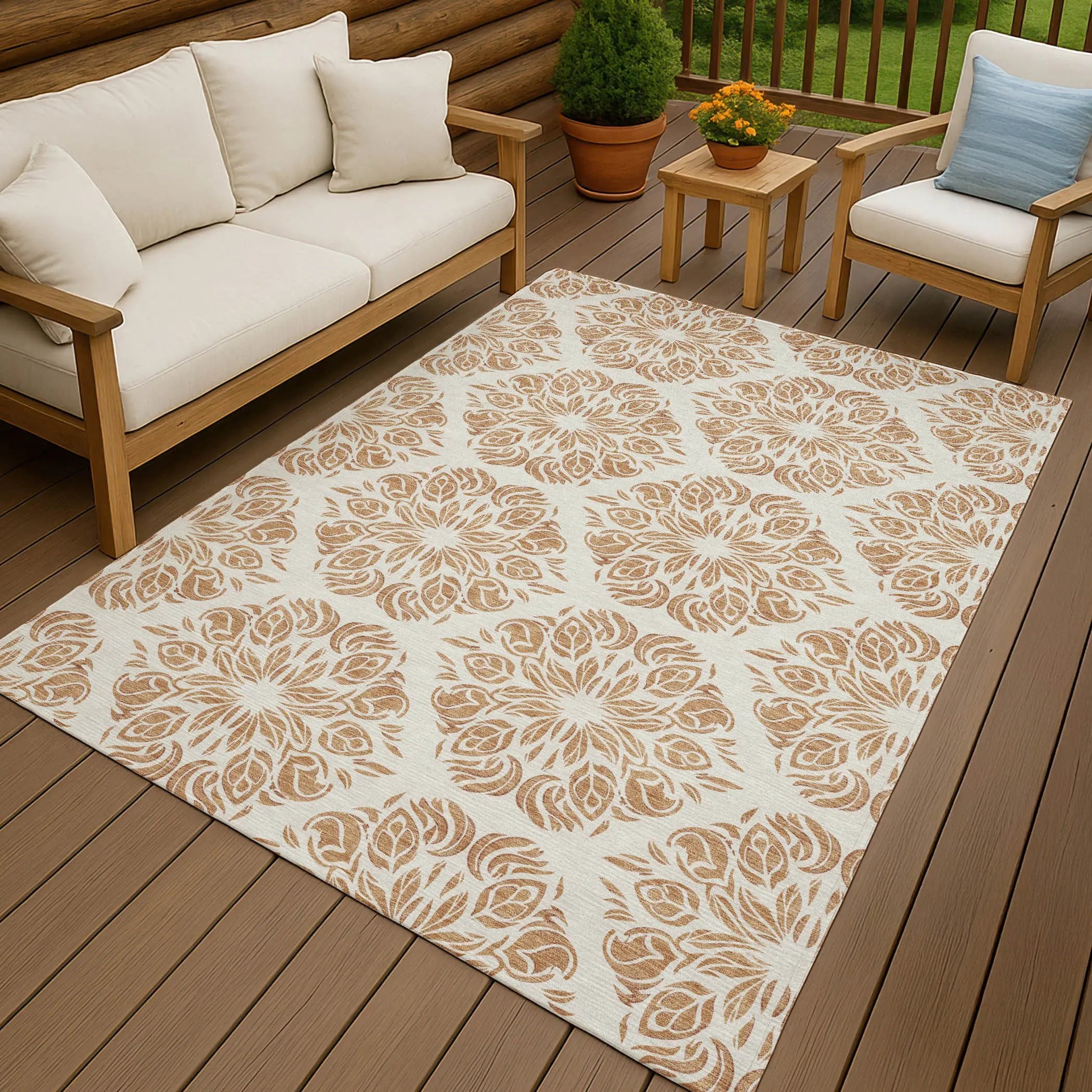 5' X 8' Copper And Ivory Damask Washable Indoor Outdoor Area Rug Homeroots Outdoor